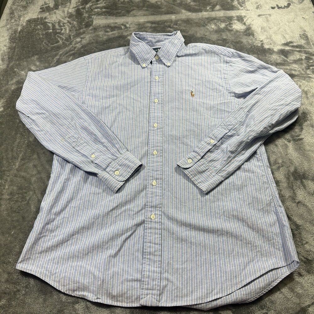 Ralph Lauren Shirt Men’s Large Blue White Stripe Custom Fit Button Long Sleeve‎